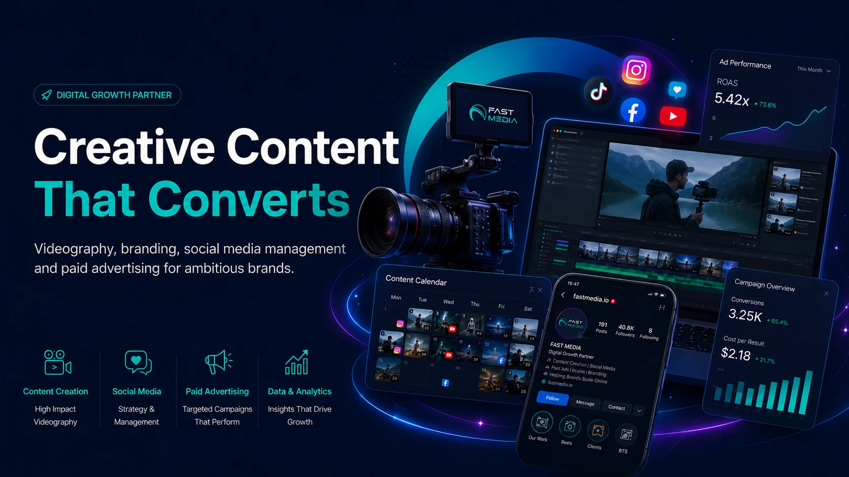 Creative content, videography, social media management and advertising services